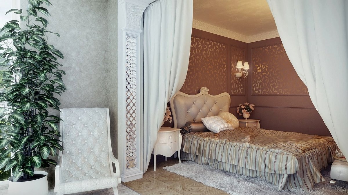 اتاق خواب دو مستر لوکس که دارای دیوارهای قهوه ای رنگ و تخت دو نفره کرم می باشد